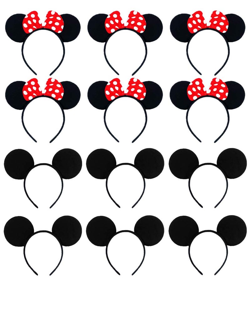 EUICAE Mouse Ears Headband Adult Headband Mouse Costume Solid Back Red Pink Bow for Birthday Party Theme Park Costume Play Celebration Pack of 12 (Black & Red & Pink) - Image 1